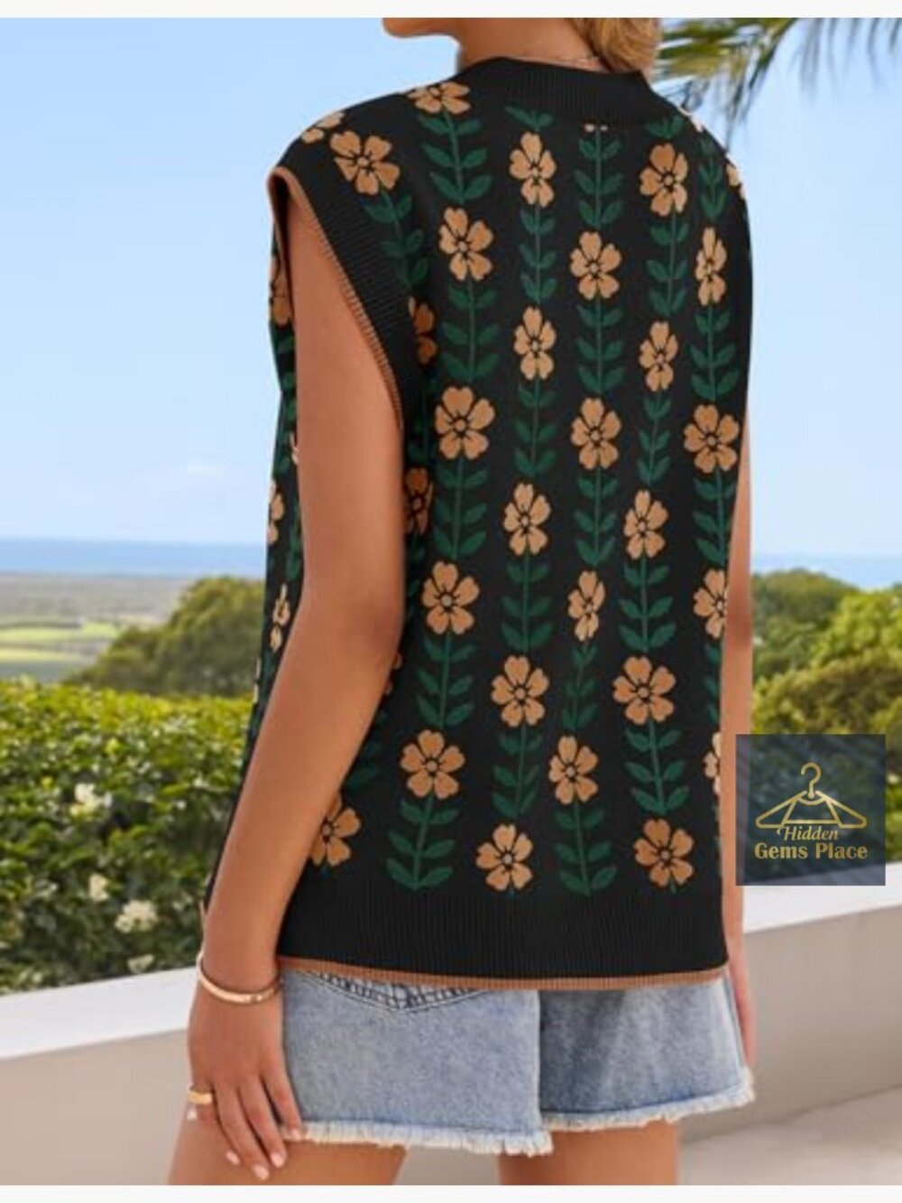 Floral V Neck Sleeveless Knit Sweater Vest Oversized Loose Tank Tops Summer - Picture 4 of 7